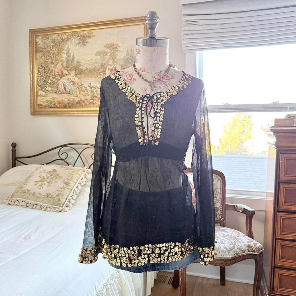 y2k black silk‎ long sleeve tunic top gold sequin trim tagged a size medium